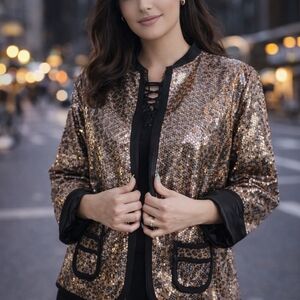 Animal Print Sparkly Party Jacket women Sequin Cheetah Shyanne Black Gold 7/8